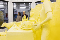 The sculpture, titled “A Table for All: Pennsylvania Dairy Connects Communities” was created by Montgomery County artists Jim Victor and Marie Pelton, who spent the past two weeks inside the refrigerated display building shaping 1,000 lbs. of donated butter.