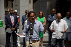 July 16, 2021: More than 20 experts and advocates turned out in the shadow of the Octavius Catto statue at City Hall to weigh in on how our community could put to work the federal relief funds in a way that would create a bigger, broader economy for everyone.