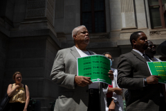 July 16, 2021: More than 20 experts and advocates turned out in the shadow of the Octavius Catto statue at City Hall to weigh in on how our community could put to work the federal relief funds in a way that would create a bigger, broader economy for everyone.