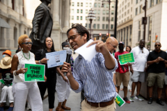 July 16, 2021: More than 20 experts and advocates turned out in the shadow of the Octavius Catto statue at City Hall to weigh in on how our community could put to work the federal relief funds in a way that would create a bigger, broader economy for everyone.