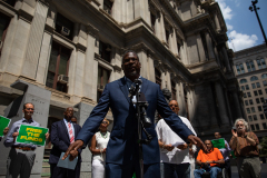 July 16, 2021: More than 20 experts and advocates turned out in the shadow of the Octavius Catto statue at City Hall to weigh in on how our community could put to work the federal relief funds in a way that would create a bigger, broader economy for everyone.