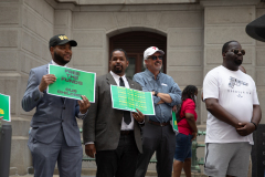 July 16, 2021: More than 20 experts and advocates turned out in the shadow of the Octavius Catto statue at City Hall to weigh in on how our community could put to work the federal relief funds in a way that would create a bigger, broader economy for everyone.