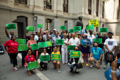 July 16, 2021: More than 20 experts and advocates turned out in the shadow of the Octavius Catto statue at City Hall to weigh in on how our community could put to work the federal relief funds in a way that would create a bigger, broader economy for everyone.