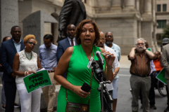 July 16, 2021: More than 20 experts and advocates turned out in the shadow of the Octavius Catto statue at City Hall to weigh in on how our community could put to work the federal relief funds in a way that would create a bigger, broader economy for everyone.