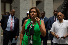 July 16, 2021: More than 20 experts and advocates turned out in the shadow of the Octavius Catto statue at City Hall to weigh in on how our community could put to work the federal relief funds in a way that would create a bigger, broader economy for everyone.
