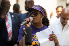 July 16, 2021: More than 20 experts and advocates turned out in the shadow of the Octavius Catto statue at City Hall to weigh in on how our community could put to work the federal relief funds in a way that would create a bigger, broader economy for everyone.