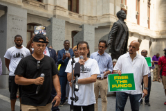 July 16, 2021: More than 20 experts and advocates turned out in the shadow of the Octavius Catto statue at City Hall to weigh in on how our community could put to work the federal relief funds in a way that would create a bigger, broader economy for everyone.