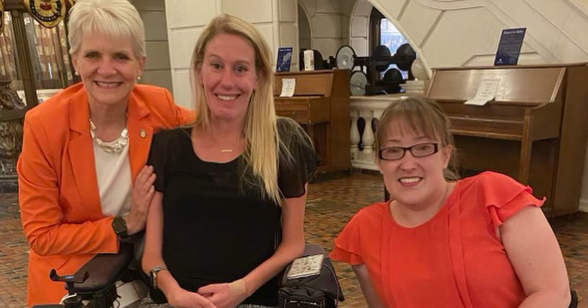 State Senator Carolyn Comitta (left), Jessica Keogh, CEO and Founder of Faith Above My Ability (center), and Megan Patrick of Hershey (right) celebrate the unanimous passage of Senate Bill 156 in the Main Rotunda of the Pennsylvania State Capitol. The new law raises income limits so that workers with disabilities can maintain access to vital services while advancing their careers.