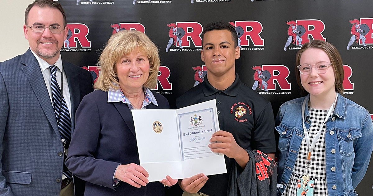 (From left to right) Tim Redding- Assistant Principal of Reading Virtual Academy, Sen. Judy Schwank, Ja’Mir Rivera, and Amy Dundon- Teacher at Reading Virtual Academy.
