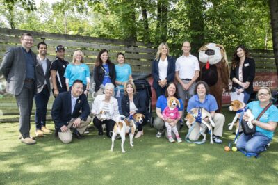 Lawmakers and animal advocates gather with rescue beagles at the Brandywine Valley SPCA to support the Dog and Cat Protection Act (also known as the Pennsylvania Beagle Bills). The legislation, introduced by state Senator Carolyn Comitta, helps ensure better protections and opportunities for adoption for dogs and cats bred for research or testing.