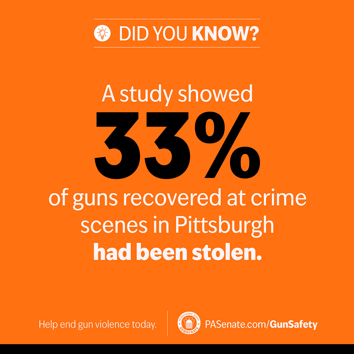 Did you know? A study showed 33% of guns recovered at a crime scenes in Pittsburgh had been stolen.