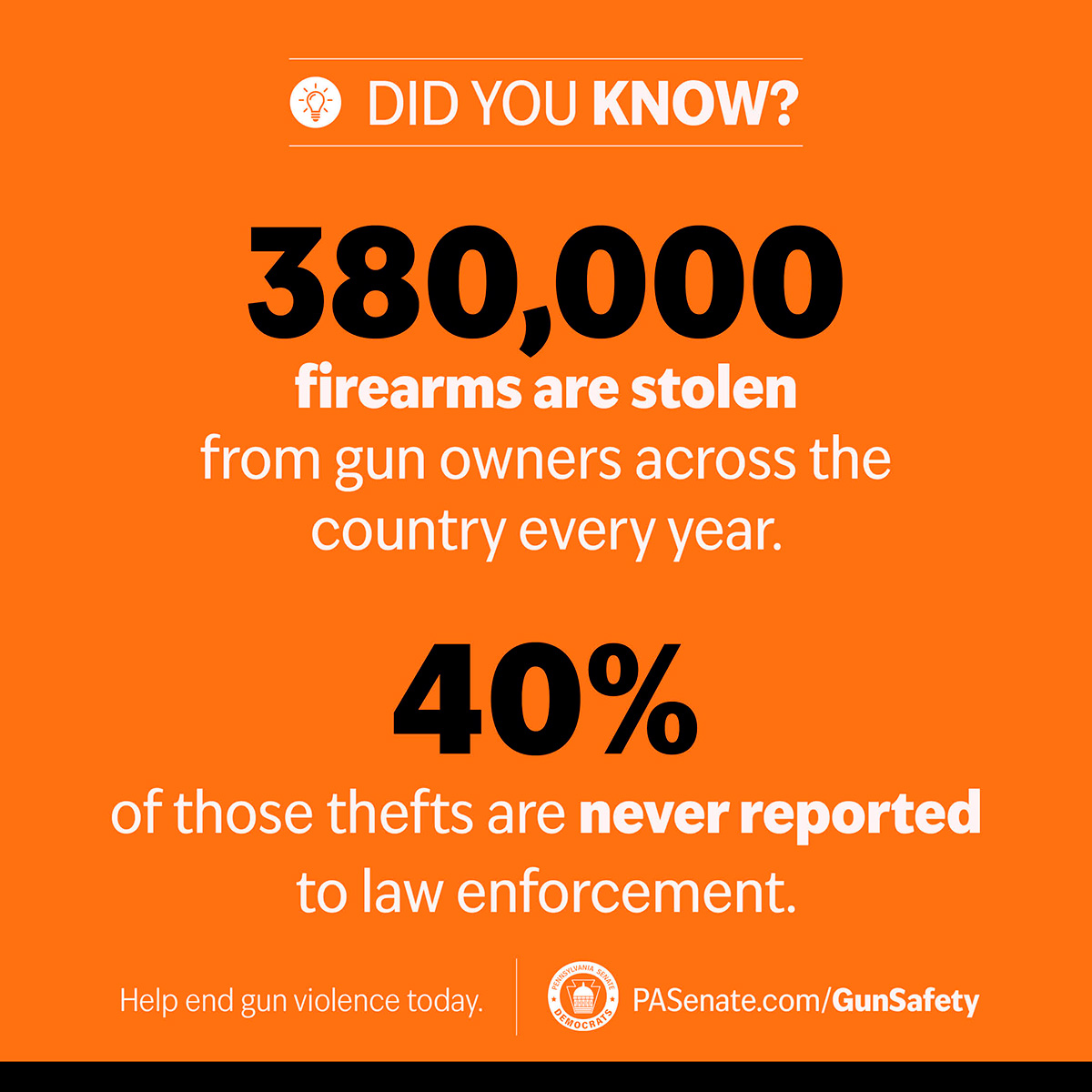 Did you know? 380,000 firearms are stolen form gun owners across the country every year.