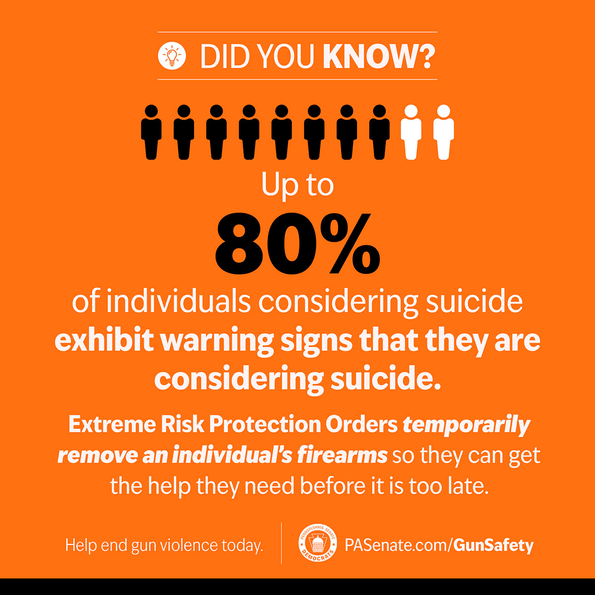 Did you know? Up to 80% of individuals considering suicide exhibit warning signs that they are considering suicide.