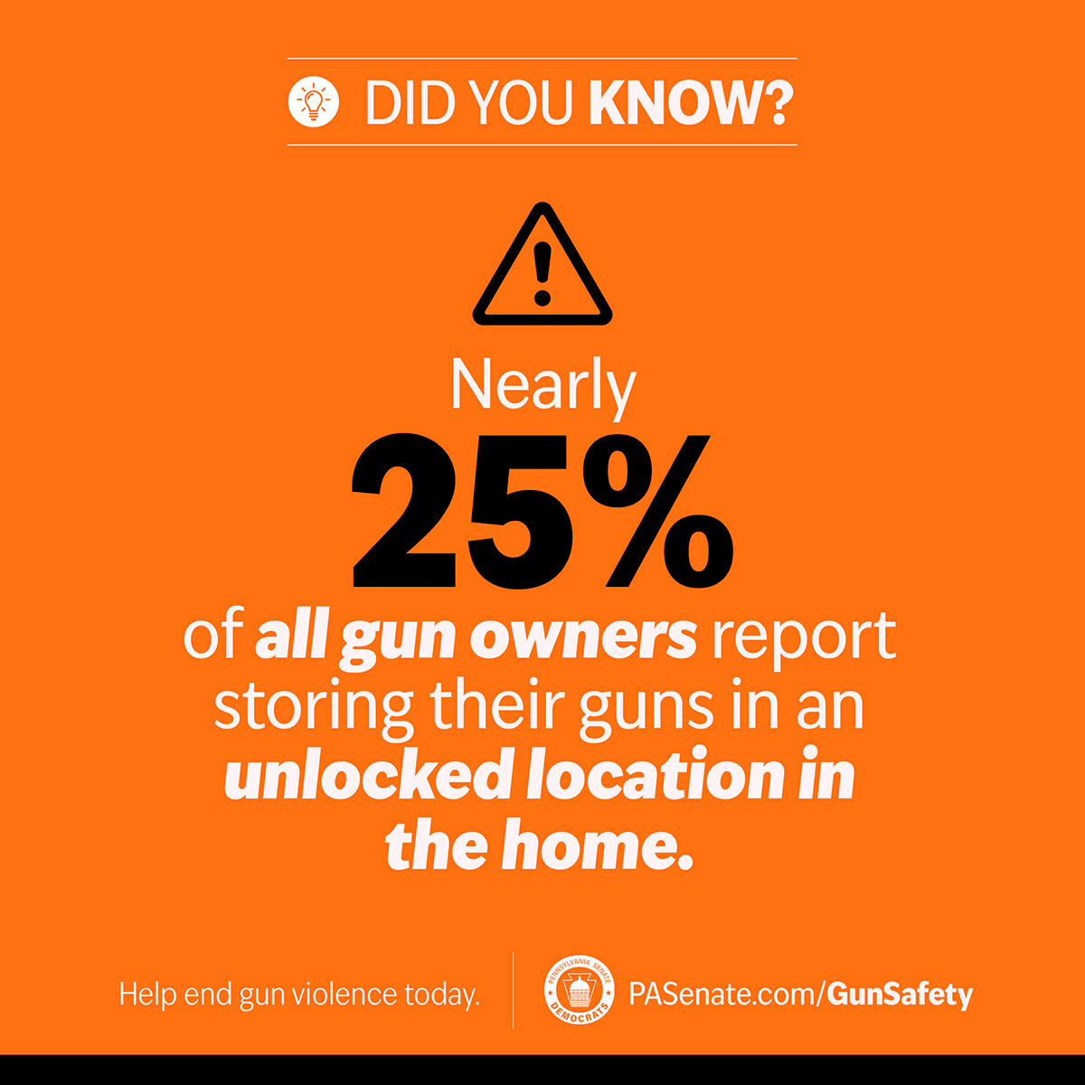 Did you know? Nearly 25% of all gun owners report storing their guns in an unlocked location in the home.