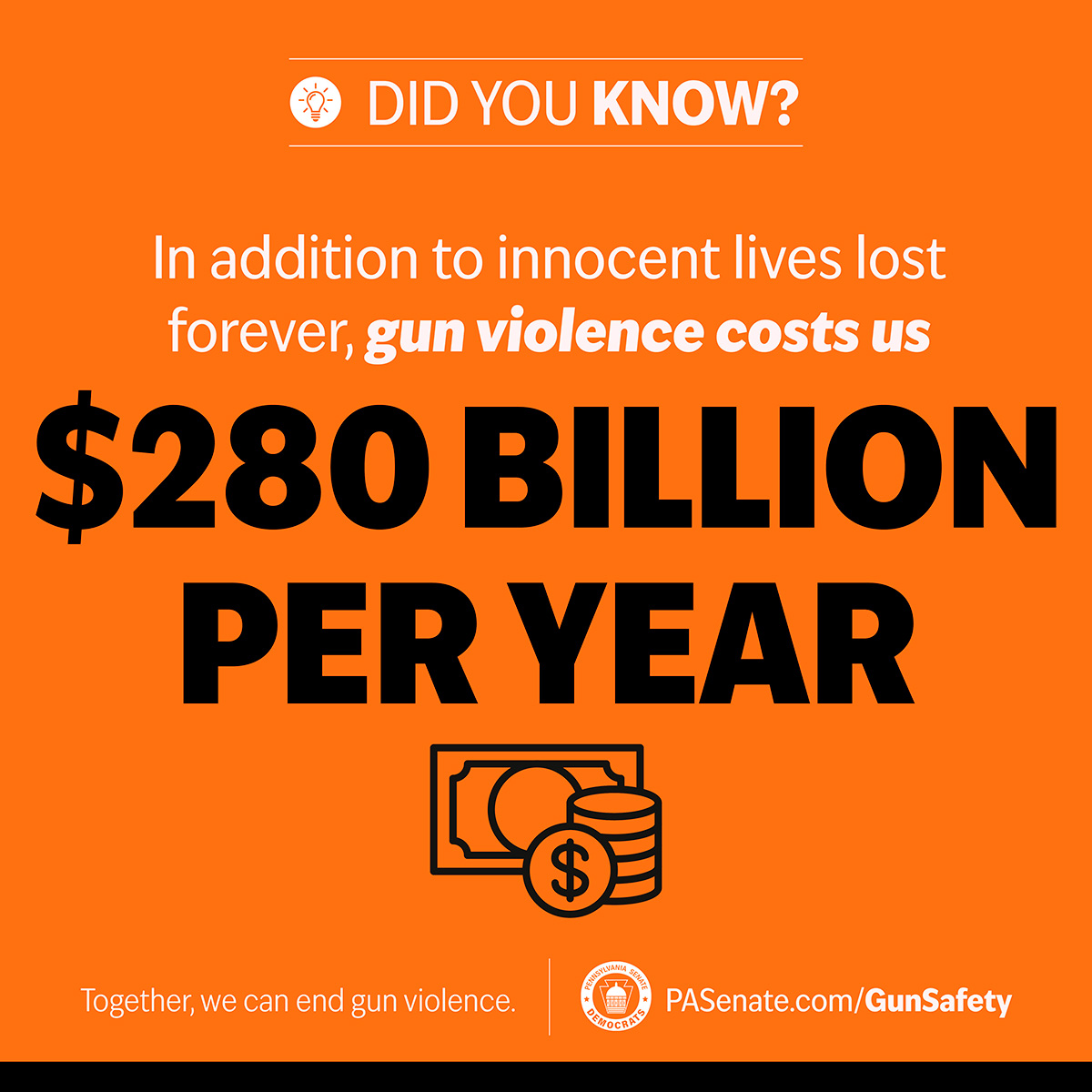 In addition to innocent lives lost forever, gun violence costs us $280 billion per year. 
