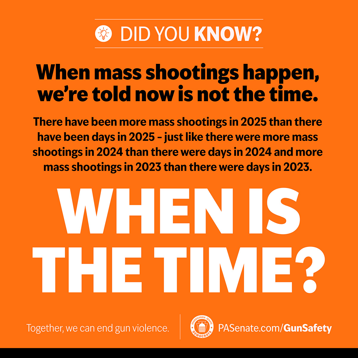 When mass shootings happen, we’re told now is not the time. There have been more mass shootings in 2025 than there have been days in 2025 – just like there were more mass shootings in 2024 than there were days in 2024 and more mass shootings in 2023 than there were days in 2023 – when is the time?