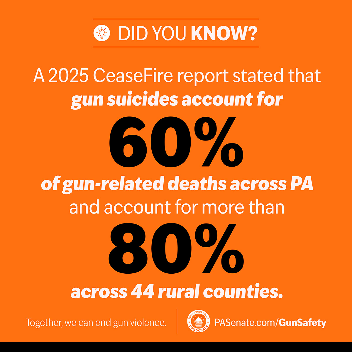 A 2025 CeaseFire report stated that gun suicides account for 60% of gun-related deaths across PA and account for more than 80% across 44 rural counties.