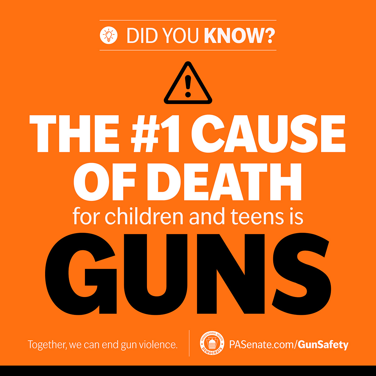 The number one cause of death for children and teens is guns.