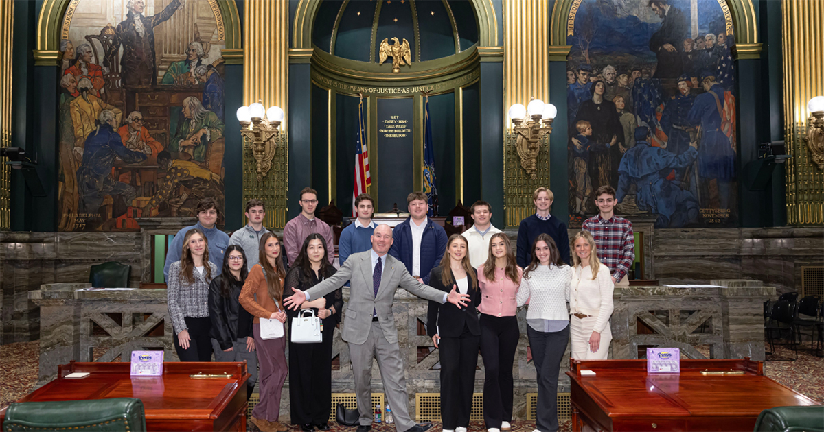 Pictured: State Senator Marty Flynn with the Student Ambassador Program participants in the Senate Chamber, Harrisburg. Photo is attributable to Jimmie Brown, PA Senate Democratic Caucus. Media use permitted.