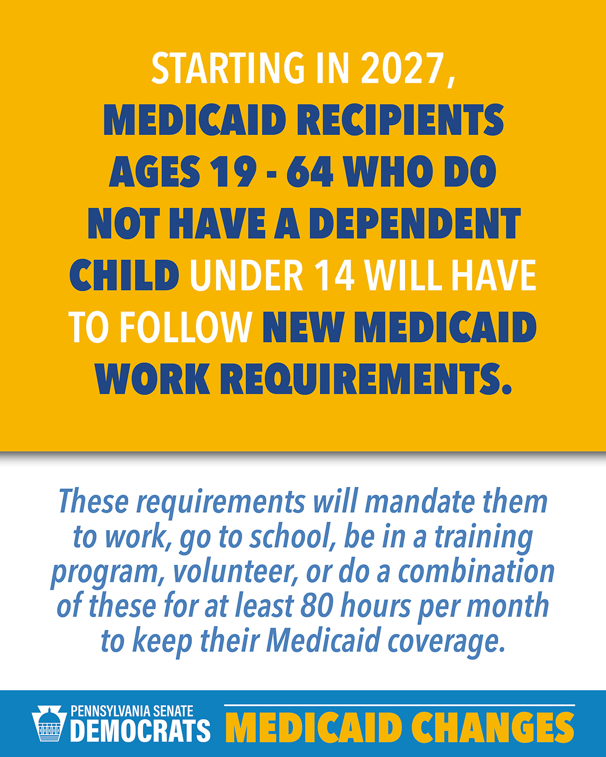 Starting in 2027, Medicaid Recipients ages 19-64 who do not have a dependent child under 14 will have to follow new medicaid work requirements. Starting in 2027, Medicaid Recipients ages 19-64 who do not have a dependent child under 14 will have to follow new medicaid work requirements.